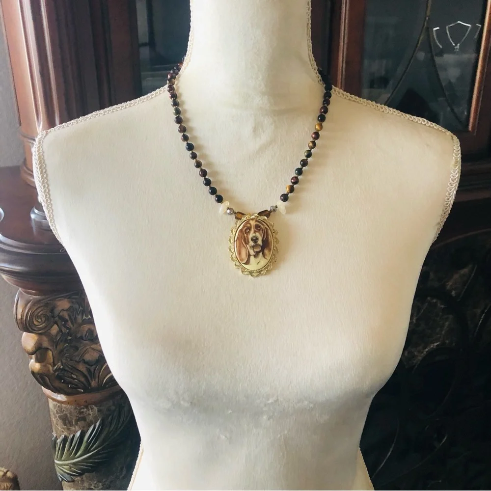 Handcrafted hound dog cameo natural stone bulls eye citrine necklace